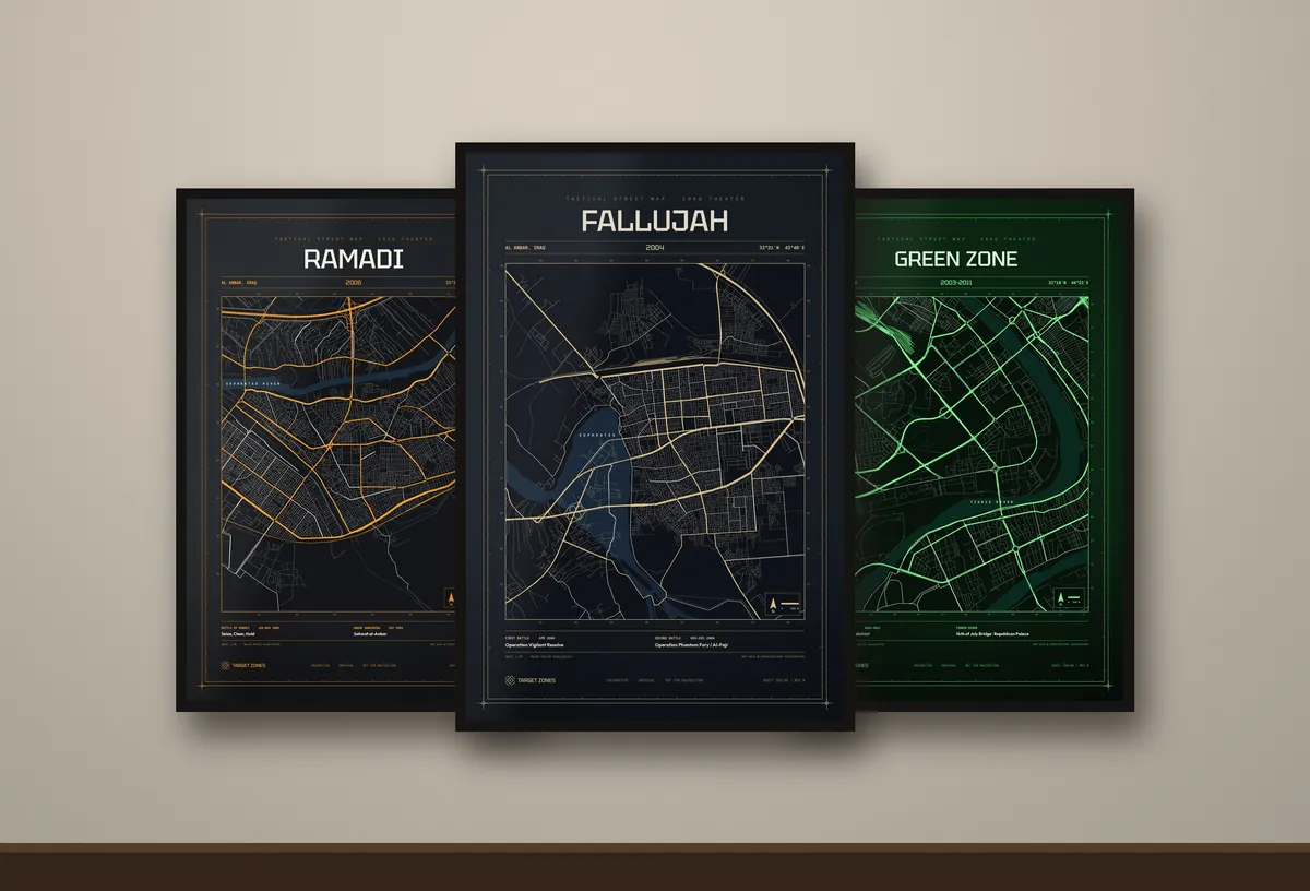 Iraq War Maps Bundle: framed posters on a wall