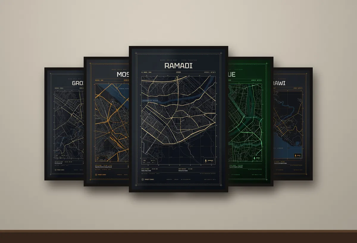 MGRS Grid Map 5-Pack: framed posters on a wall