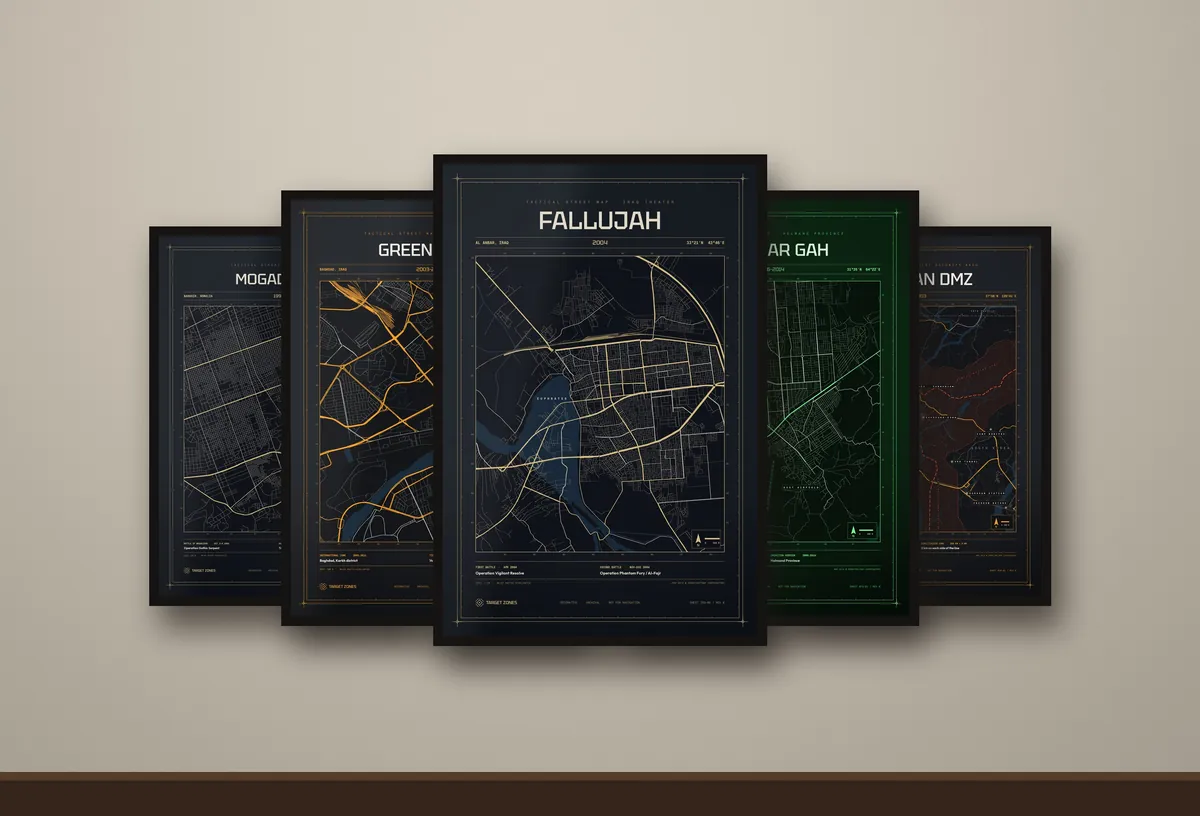 Tactical Street Map 5-Pack: framed posters on a wall
