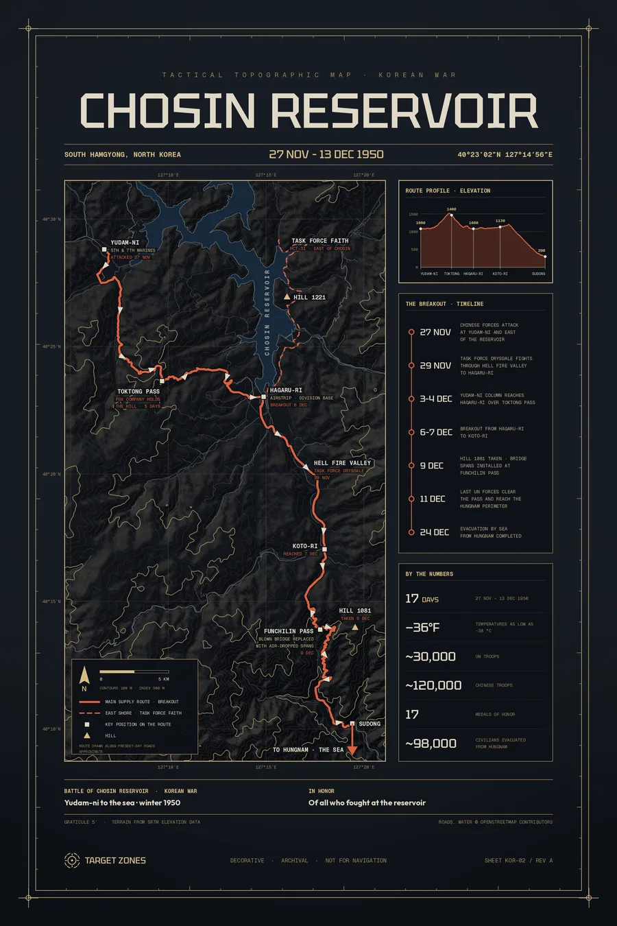 Chosin Reservoir 1950 topographic map poster, champagne gold colorway